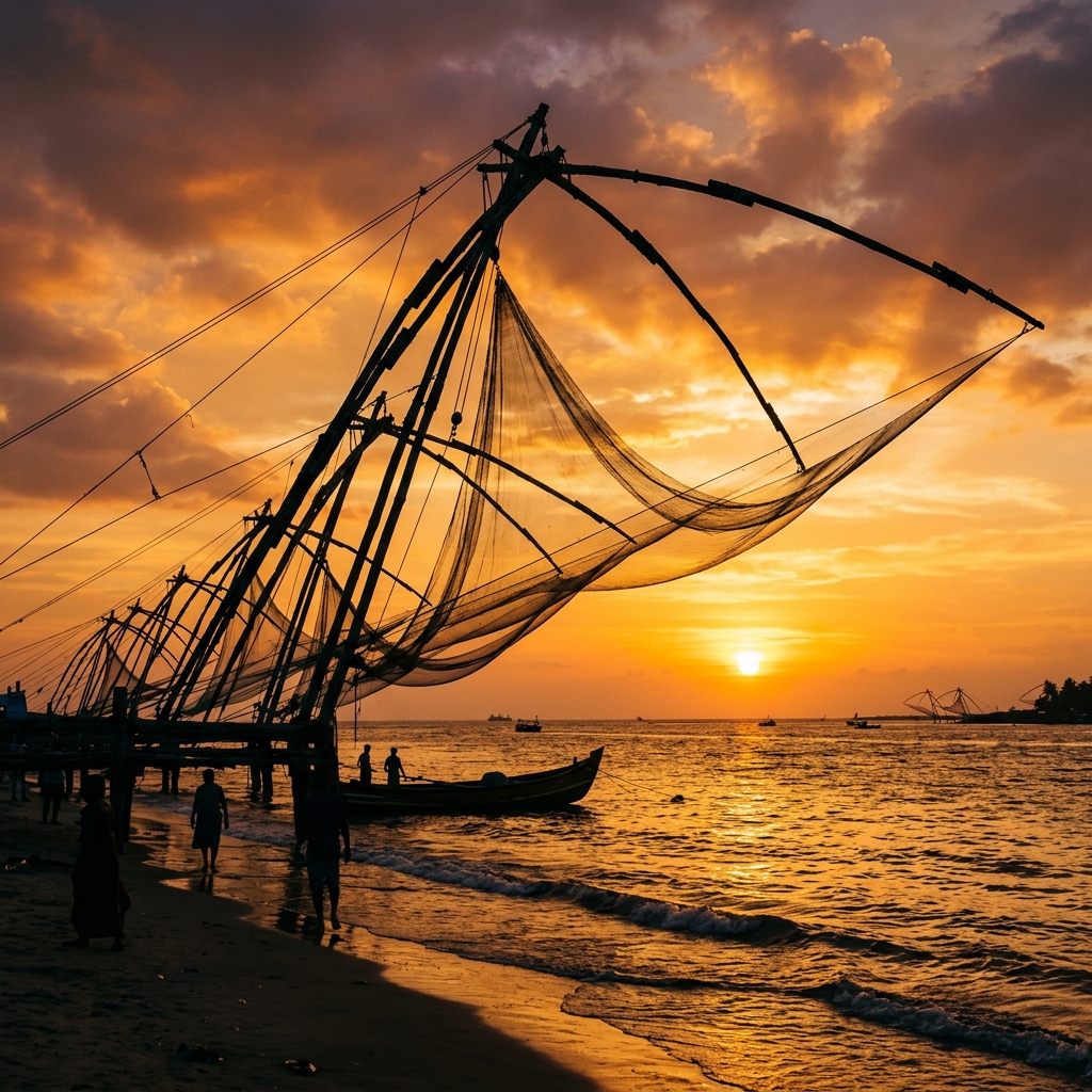 Chinese fishing nets at sunset in Fort Kochi