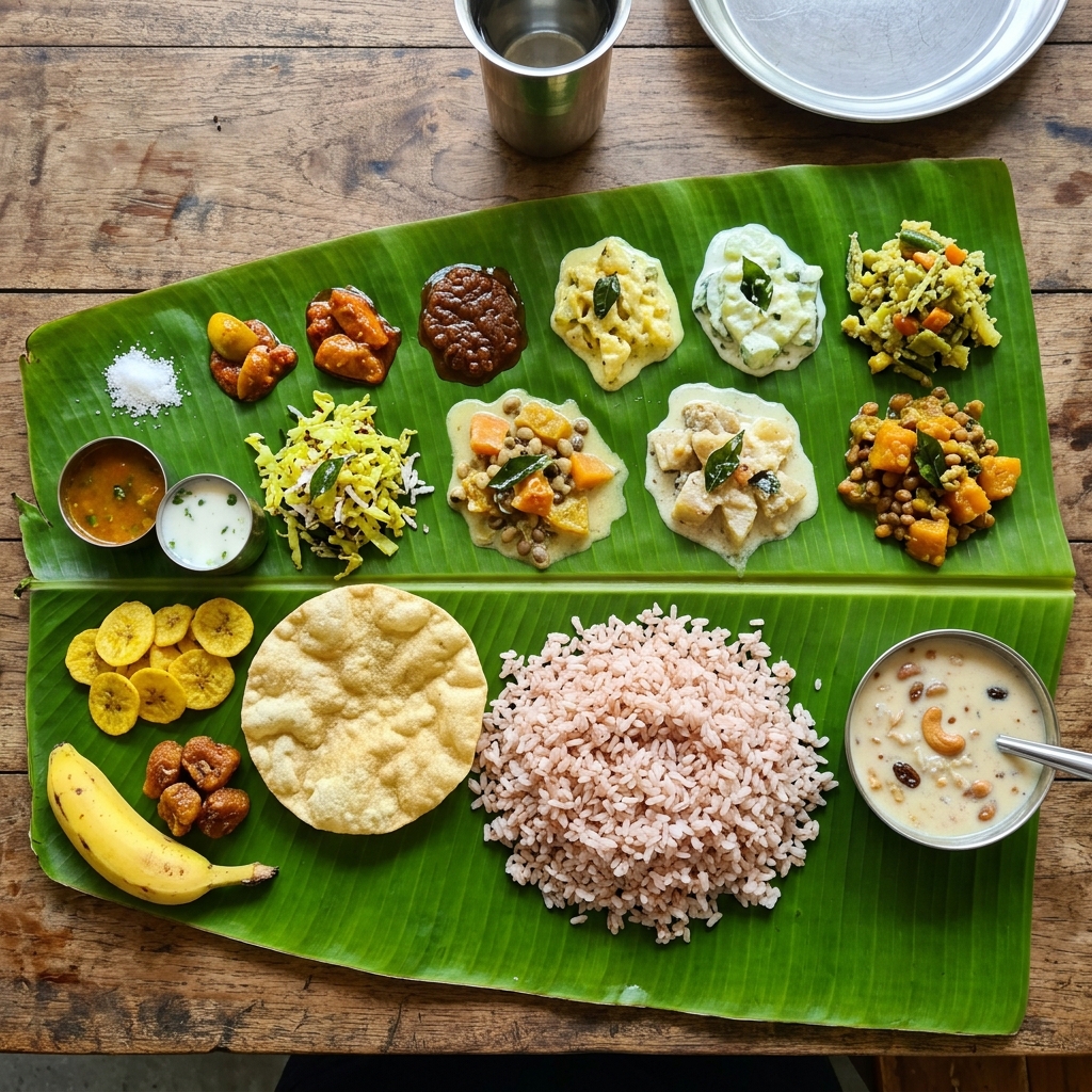 Kerala spices and ingredients on a banana leaf