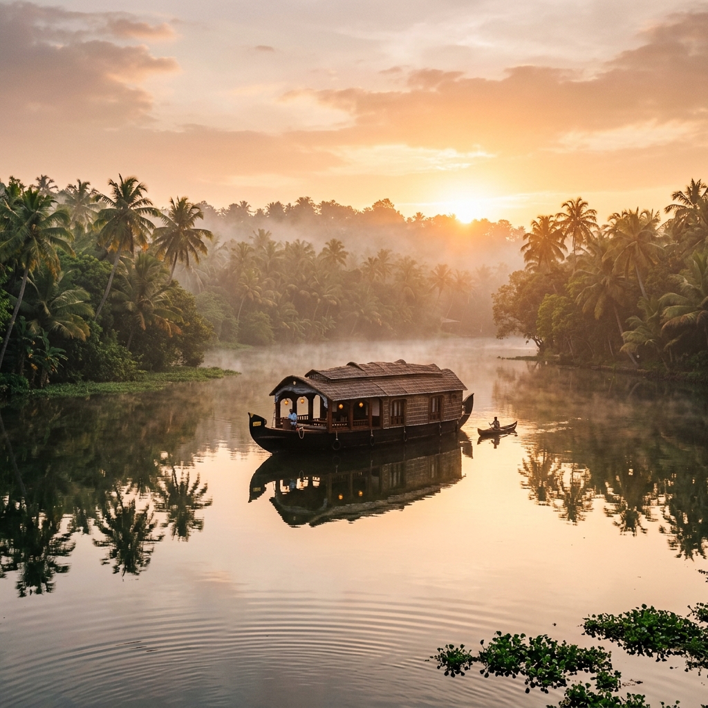 Dawn mist rising over Kerala backwaters with a single houseboat