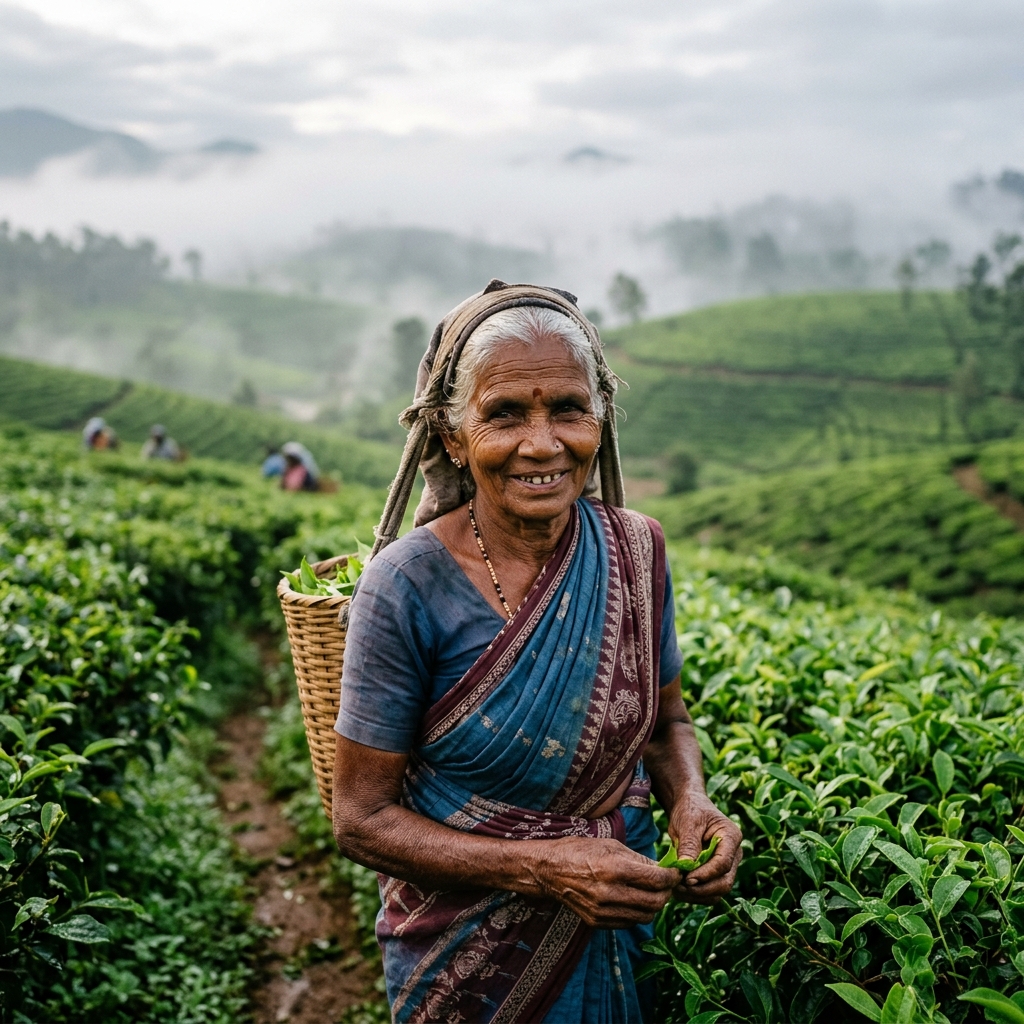 A tea worker in the misty hills of Munnar