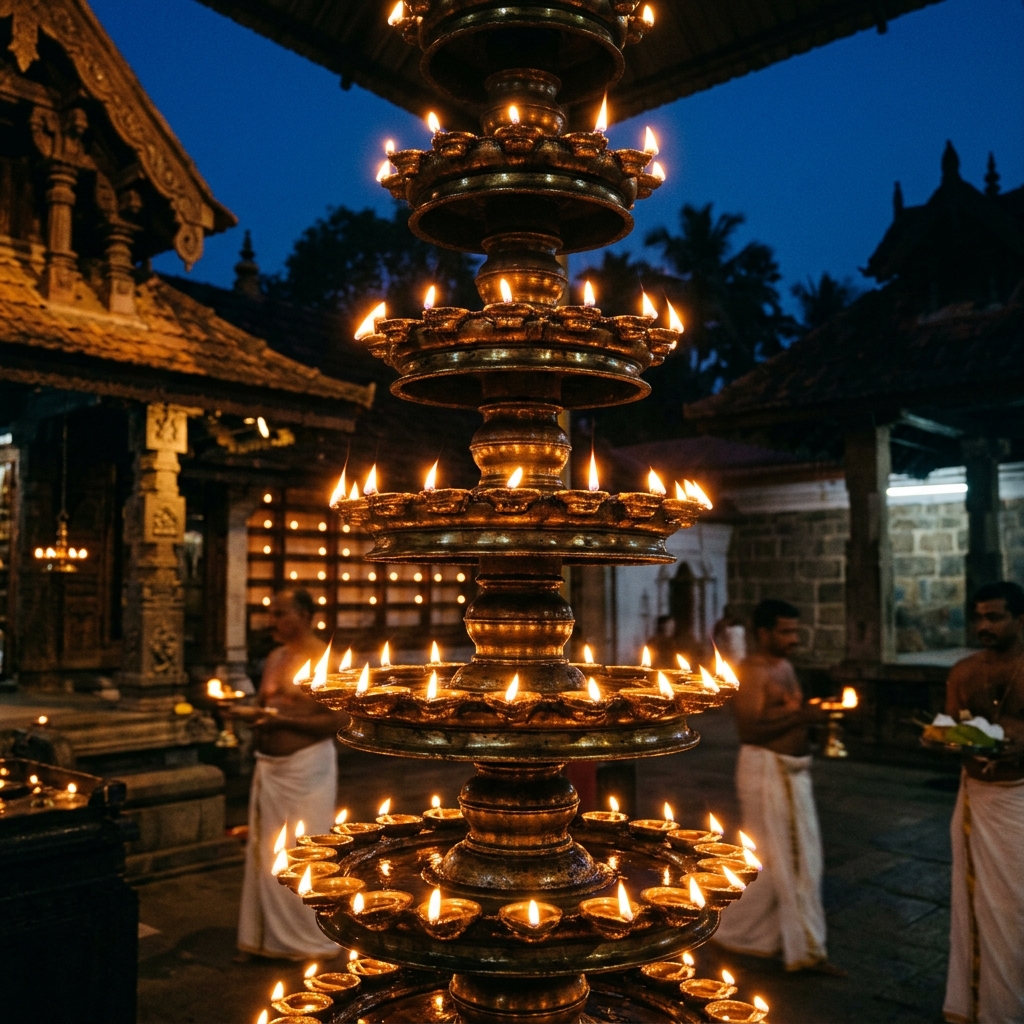 Temple oil lamps at dusk